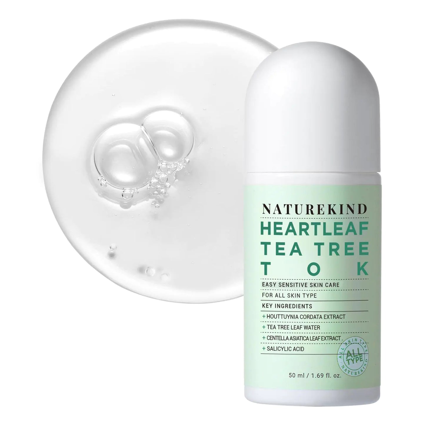 NATUREKIND Heartleaf Tea Tree Tok Acne Treatment Soothing Toner Serum Centella Asiatica Korean Facial Skincare for Pore Control Calming Nourishing. 50ml 1.69 fl. oz.
